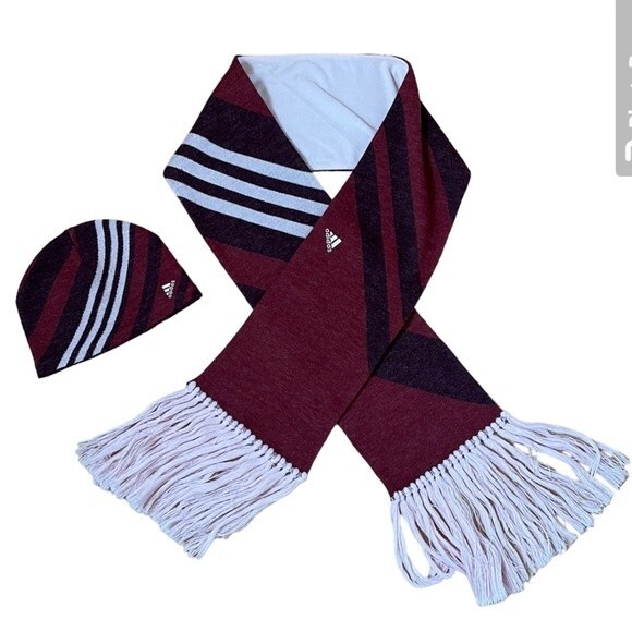 Adidas Striped Fringe Scarf and Matching Beanie Set in Maroon - Picture 1 of 16